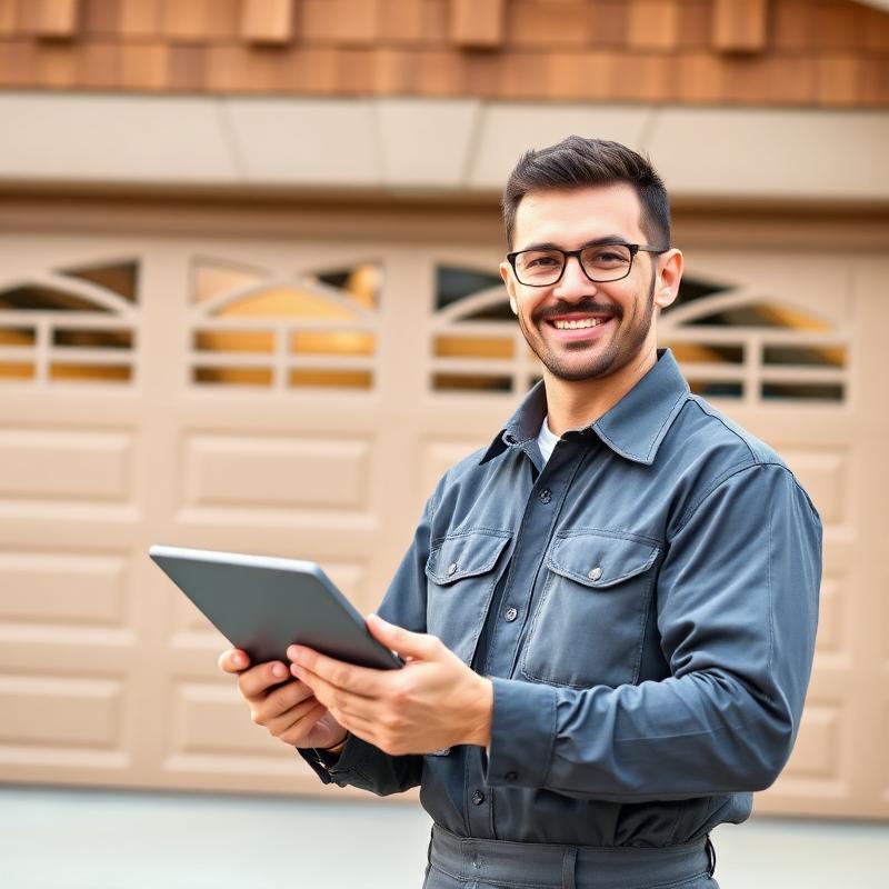 Professional garage door technician with tablet doing digital inspection in Nehalem Oregon